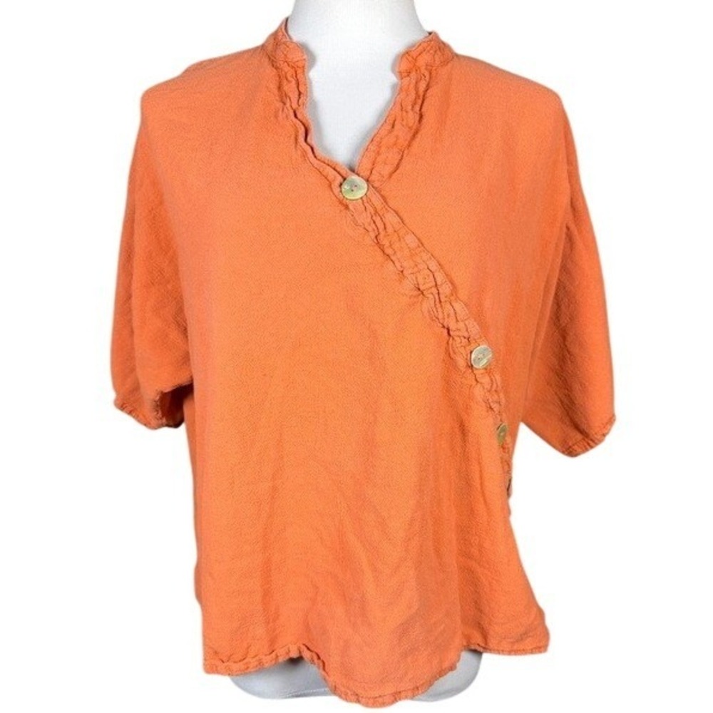 Oh My Gauze! Orange Cotton Asymmetrical Button Ruffle Top Blouse Lagenlook